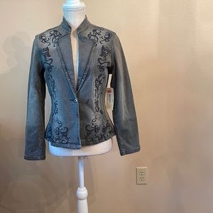 Reba Embroidered & Beaded Faded Black Denim Jacket in size small NWT